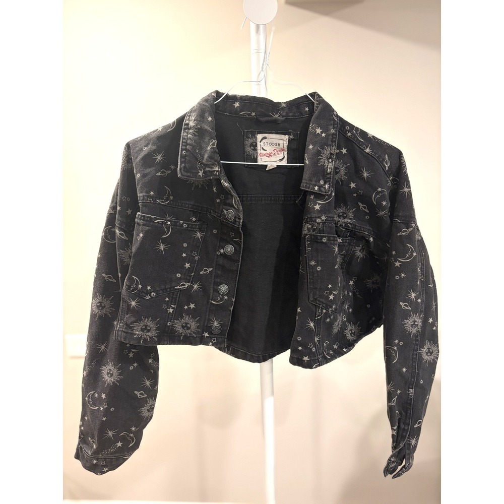 Whimsigoth Witchy Goth Y2K Celestial Denim Jacket Black Sun Moon Stars Cropped L